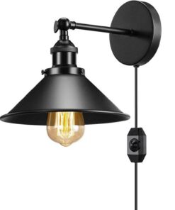 Modern Black Plugin Wall Light Fitting Cone Metal Shade Indoor Sconce Light