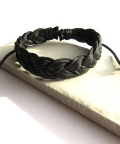 Mens Black Pleated Leather Bracelet