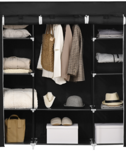 Fabric Wardrobe Portable Wardrobe with 10 Shelves 1 Hanging Rail Black
