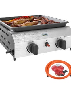 Compact Propane Gas Grill with Enameled Plancha & Easy Cleaning Features