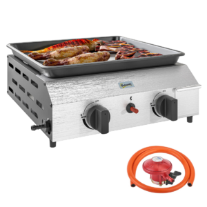 Compact Propane Gas Grill with Enameled Plancha & Easy Cleaning Features