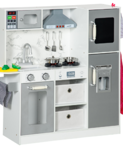 AIYAPLAY Toy Kitchen Playset with Lights, Sounds, Apron, Chef Hat - White