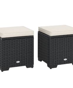 Outsunny Set of 2 Rattan Footstool, Storage Ottoman w/ Cushions