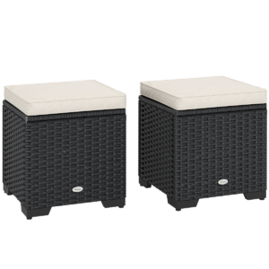 Outsunny Set of 2 Rattan Footstool, Storage Ottoman w/ Cushions