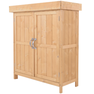 74x43x88cm Garden Shed Storage Wooden Chest Double Doors Shelf Hinged Roof