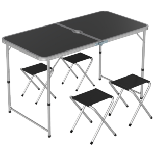Outsunny Folding Camping Table & 4 Chairs Set, Adjustable Height, Parasol Hole