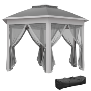 Outsunny Hexagon Pop-Up Gazebo 3x4m with Mesh Curtains, Dark Grey