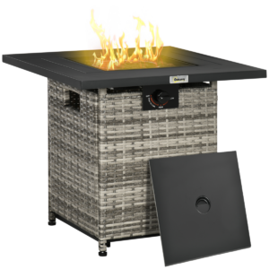 Outsunny 40,000 BTU Gas Fire Pit Table w/ Rain Cover & Mesh Lid, Lava Stone