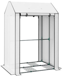 Outsunny Mini Greenhouse with Shelves and Roll Up Door, 100x80x150cm, White