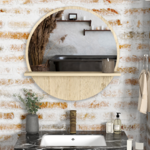 Kleankin Round Wall-Mounted Bathroom Mirror with Shelf, Hooks & Wood-Effect Frame