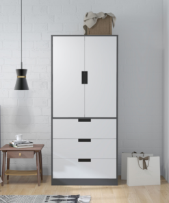 HOMCOM 2 Door Wardrobe Grey Wardrobe with 3 Drawer and Hanging Rod for Bedroom