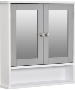 Grey Wall-Mounted Mirror Cabinet with Double Doors & Storage