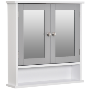 Grey Wall-Mounted Mirror Cabinet with Double Doors & Storage