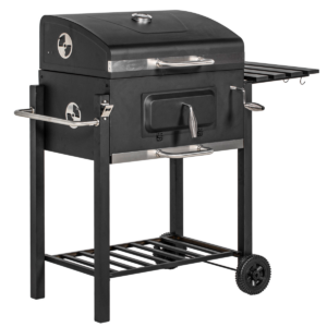 Outsunny Charcoal BBQ Trolley Grill with Wheels, Side Shelf & Thermometer, Black
