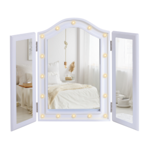 Lighted Tri-Fold Vanity Mirror with LED Lights, Large Cosmetic Mirror, White