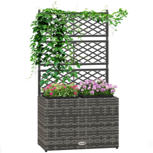 Outsunny PE Rattan Raised Bed Planter Box with Trellis & 2 Square Inserts, 107cm