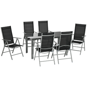 7-Piece Outdoor Dining Table & 6 Folding Chairs, Aluminium Patio Set Black