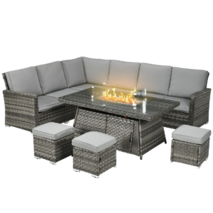 Outsunny 7-Piece Rattan Patio Set w/ 50,000 BTU Gas Fire Pit Table