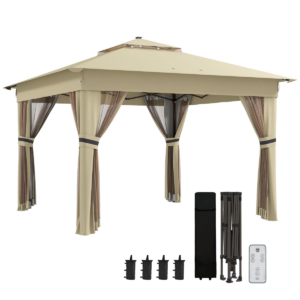 Outsunny 3x3m Pop-Up Gazebo with Solar LED Lights, Khaki, Curtain Netting