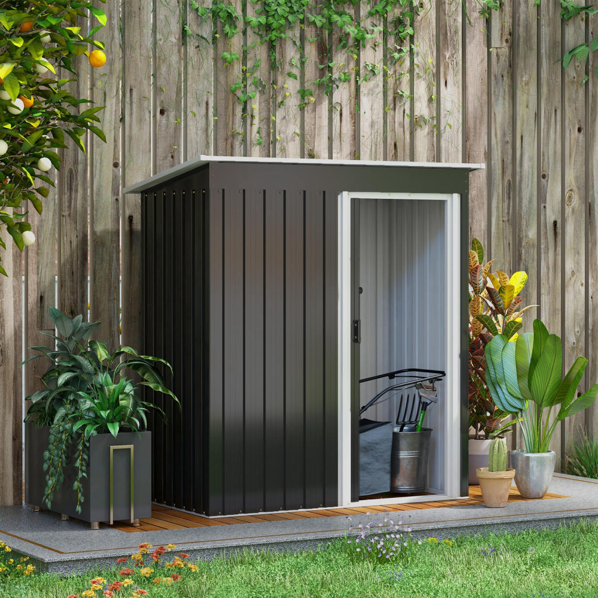 Outsunny 5x3ft Metal Storage Shed with Sliding Door & Sloped Roof, Tool Black - Image 2