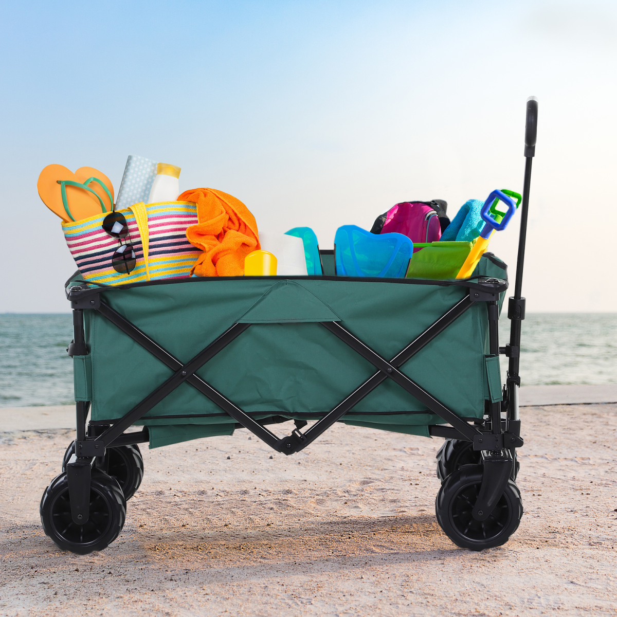 Outsunny Folding Outdoor Cargo Wagon Beach Cart Trailer w/ Telescopic Handle - Image 2