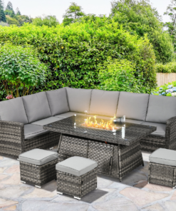 Outsunny 7-Piece Rattan Patio Set w/ 50,000 BTU Gas Fire Pit Table