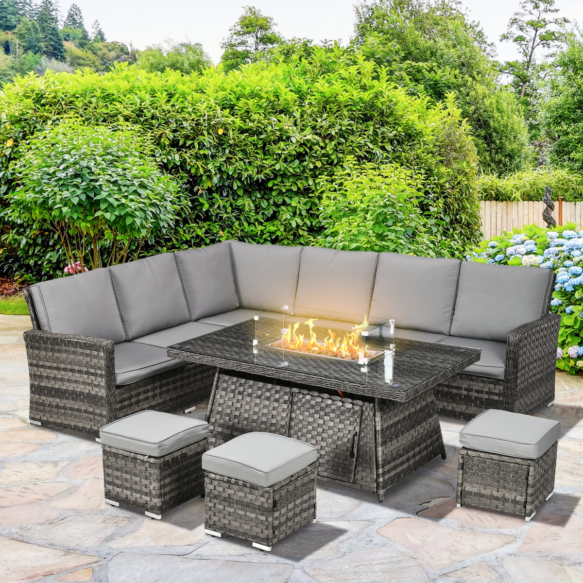 Outsunny 7-Piece Rattan Patio Set w/ 50,000 BTU Gas Fire Pit Table