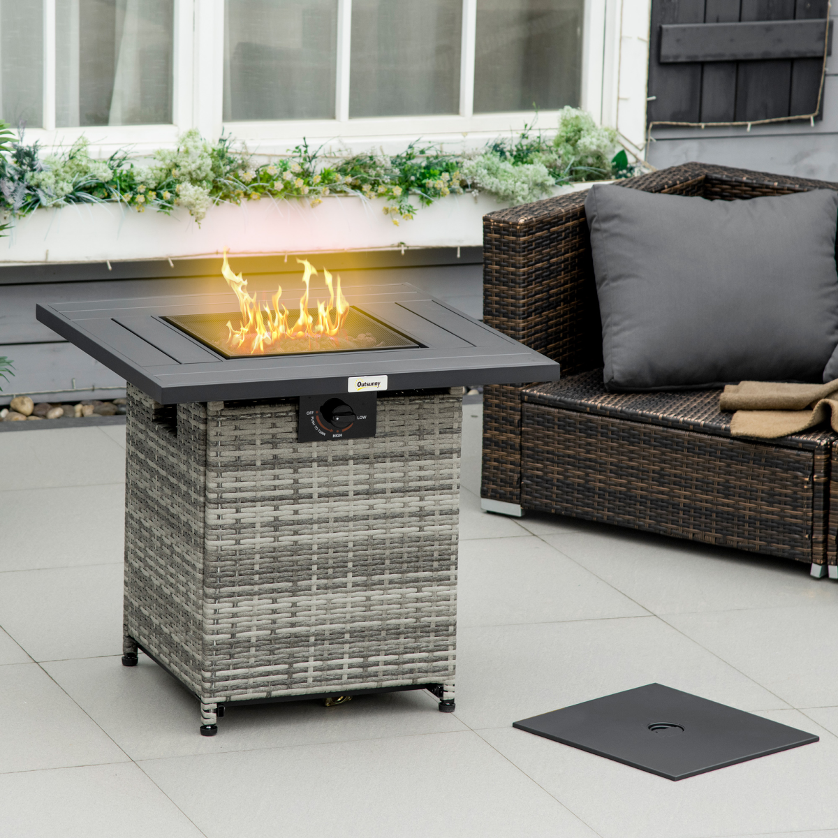Outsunny 40,000 BTU Gas Fire Pit Table w/ Rain Cover & Mesh Lid, Lava Stone - Image 2