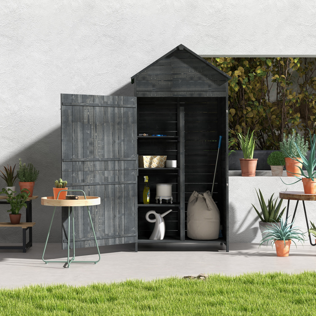 Outsunny Wooden Outdoor Garden Shed Utility Tool Storage Cabinet Grey - Image 2