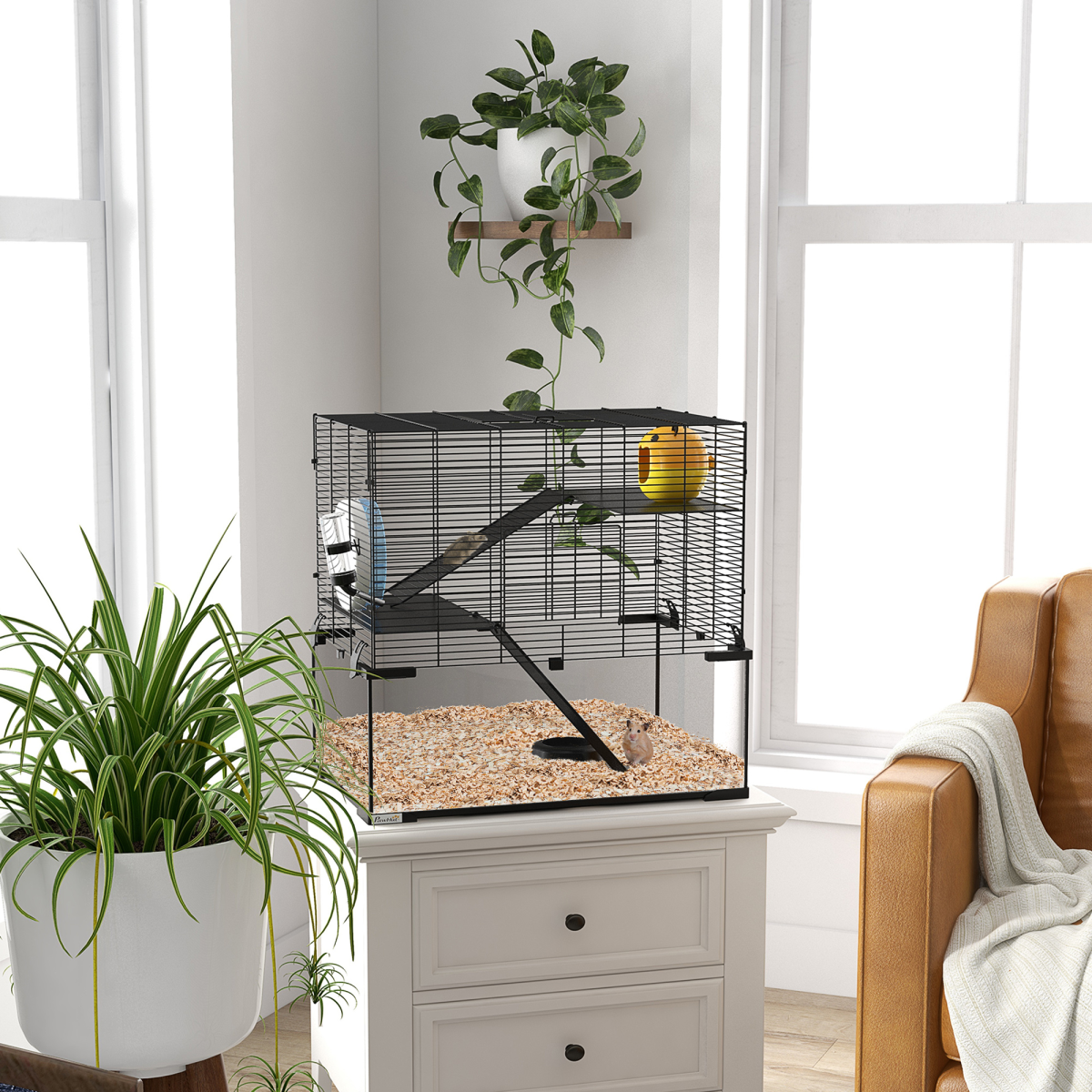 3 Tiers Hamster Cage w/ Deep Glass Bottom, Dish, Hut, 60 x 40 x 57cm - Image 2