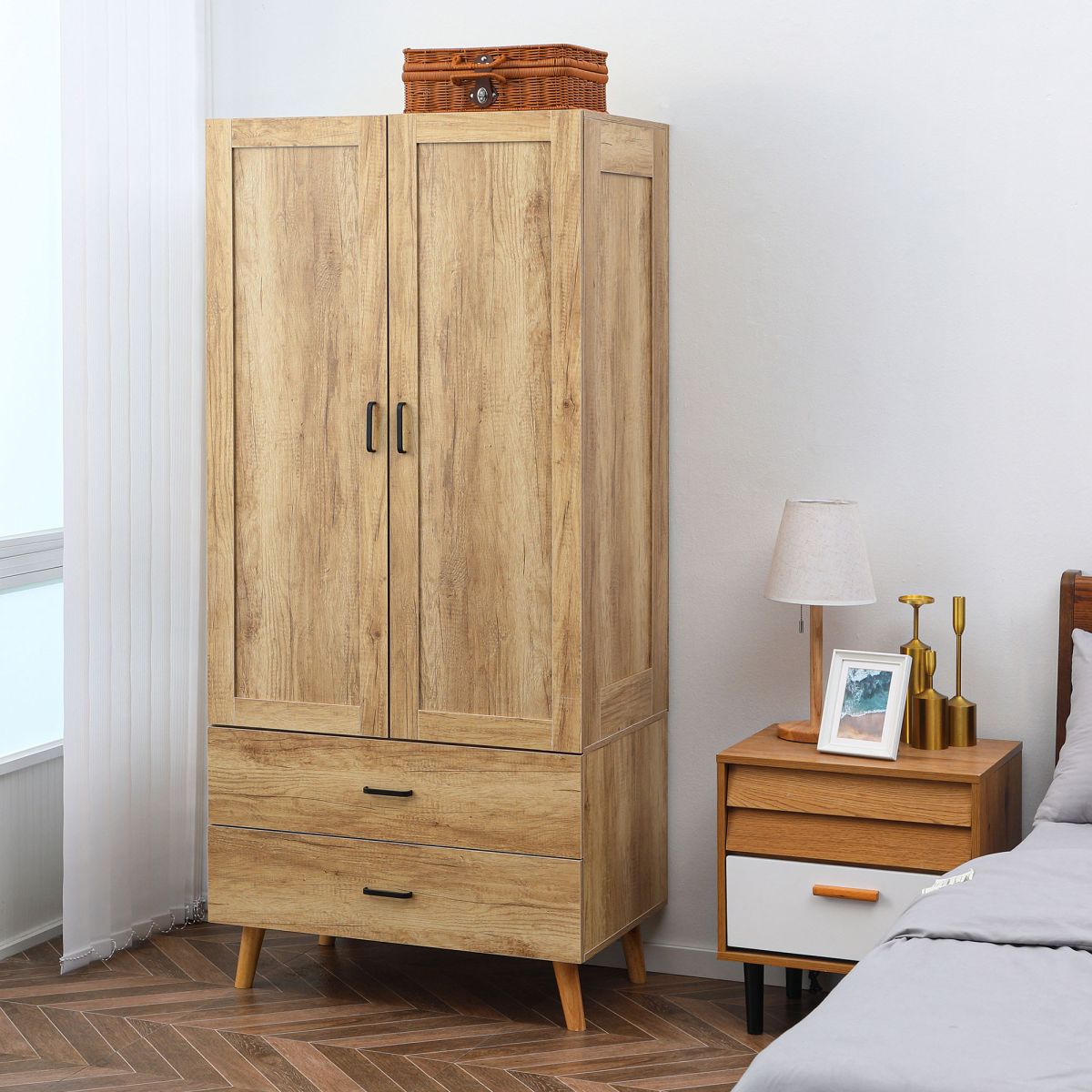 2 Door Wardrobe, Modern Wardrobe w/ 2 Drawer, Hanging Rail for Bedroom Natural - Image 2