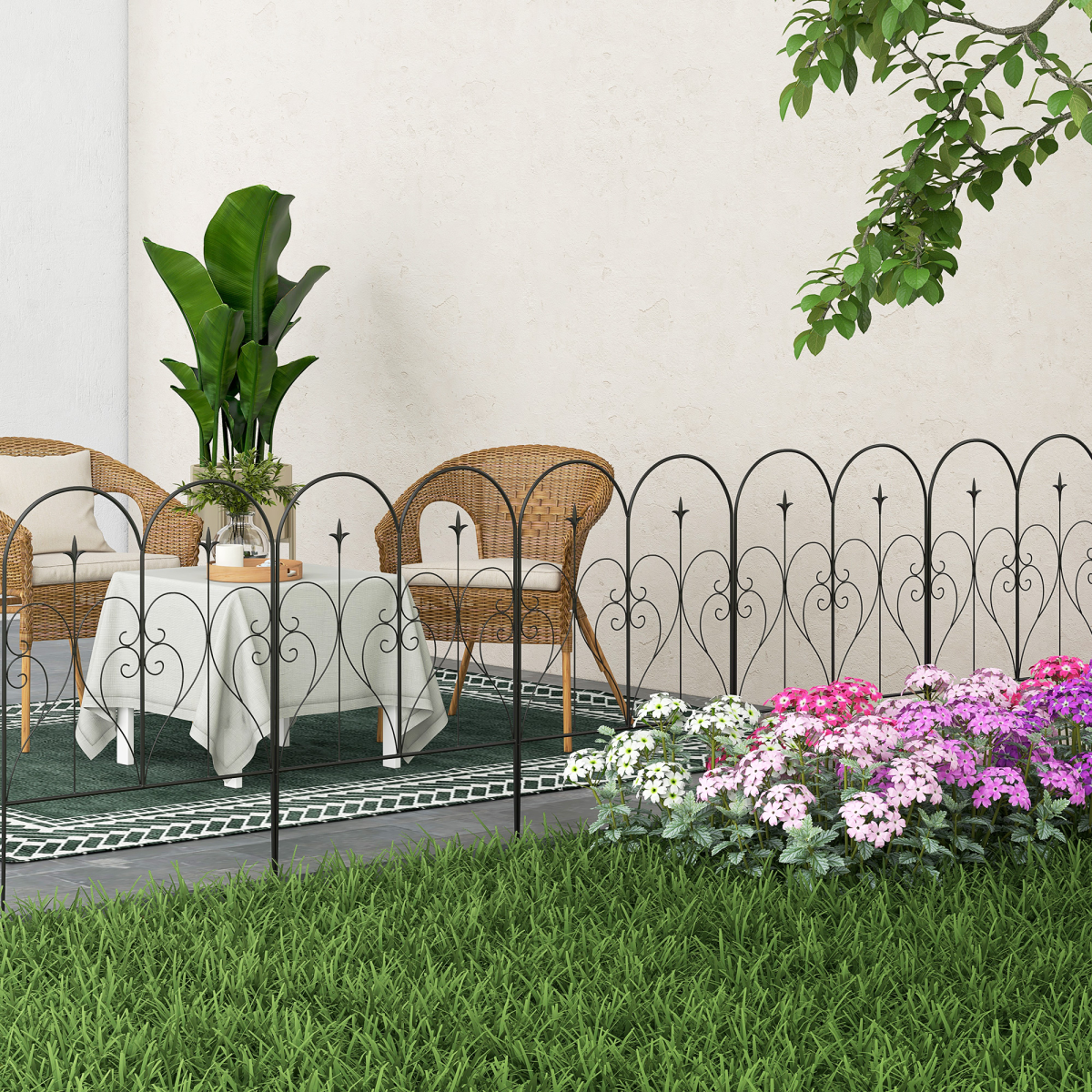 Outsunny 5PC Metal Garden Fence Panels, Black Decorative Border Edging, 32in x 10ft - Image 2