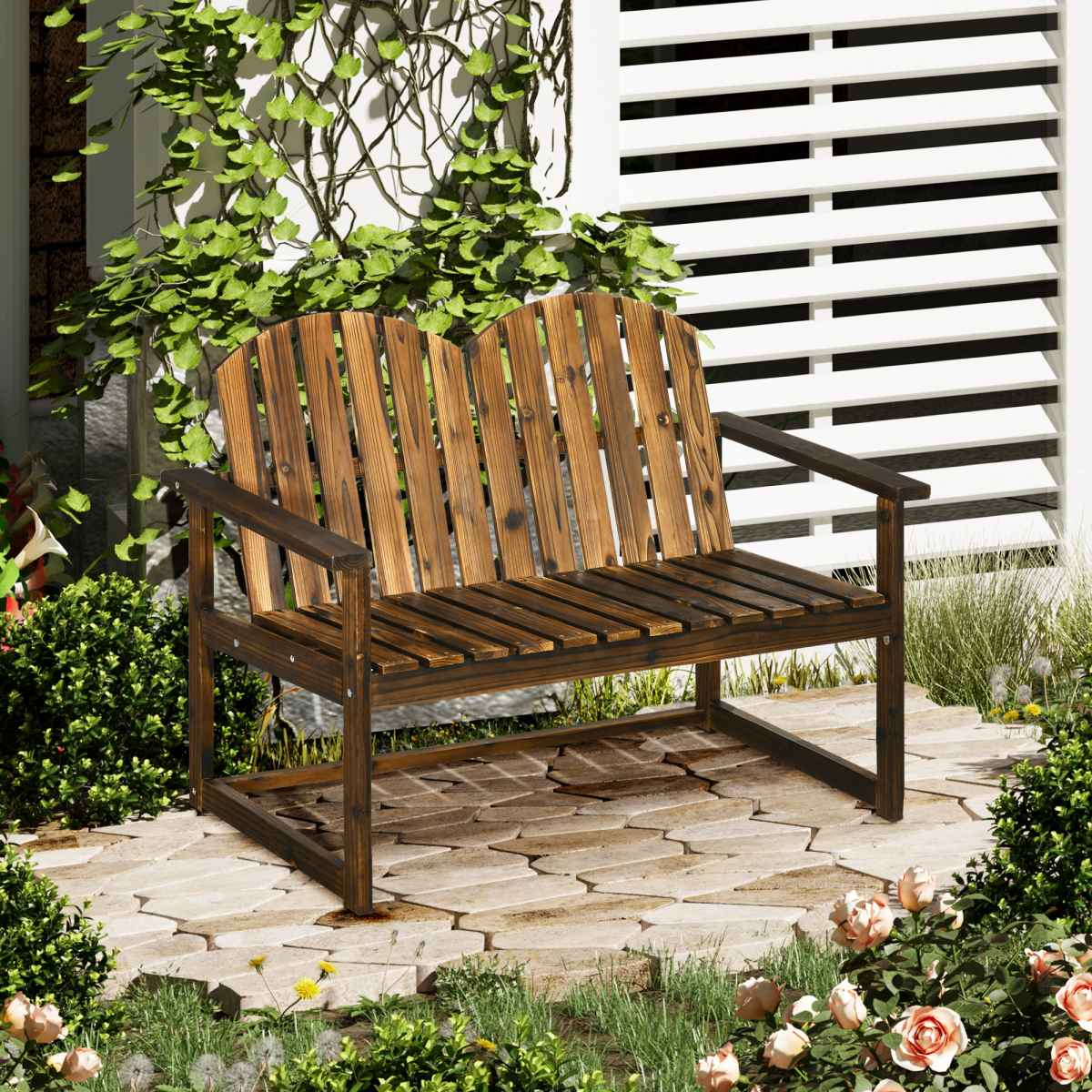 Outdoor Wooden Garden Bench, Patio Loveseat Chair with Slatted Backrest and Smooth Armrests for Two People - Image 2