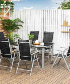 7-Piece Outdoor Dining Table & 6 Folding Chairs, Aluminum Patio Set Black