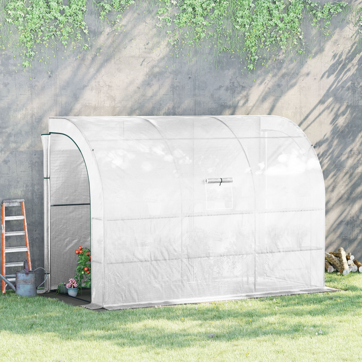 300x150x213cm Lean-to Plant Greenhouse w/ Cover Window, Zip Doors & Shelves, White - Image 2