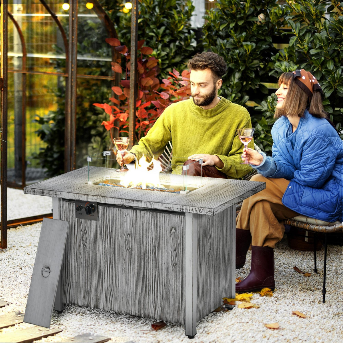 Outsunny Grey Gas Fire Pit Table w/ 50,000 BTU Burner, Cover & Glass Screen - Image 2