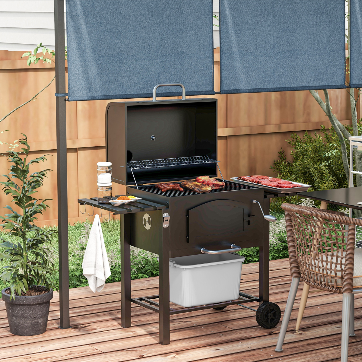 Outsunny 3-in-1 Charcoal BBQ Trolley Smoker w/ Adjustable Charcoal & Thermometer - Image 2