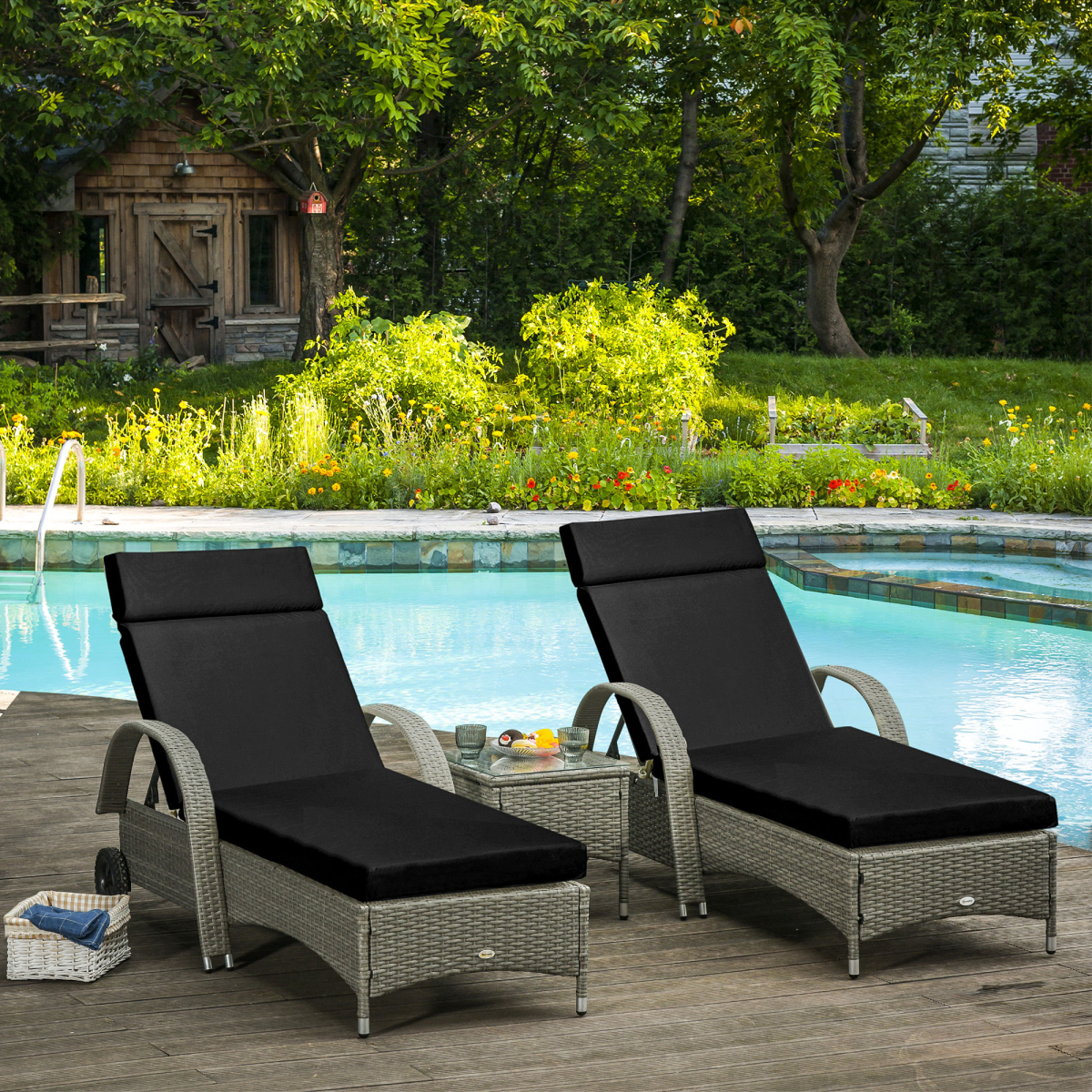 Set of 2 Lounger Cushions Deep Seat Patio Cushions with Ties Black - Image 2