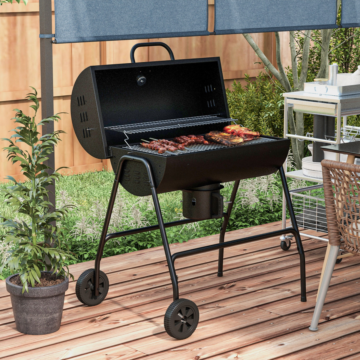 Outsunny Barrel Charcoal BBQ Grill Trolley w/ Ash Catcher & Thermometer, Black - Image 2