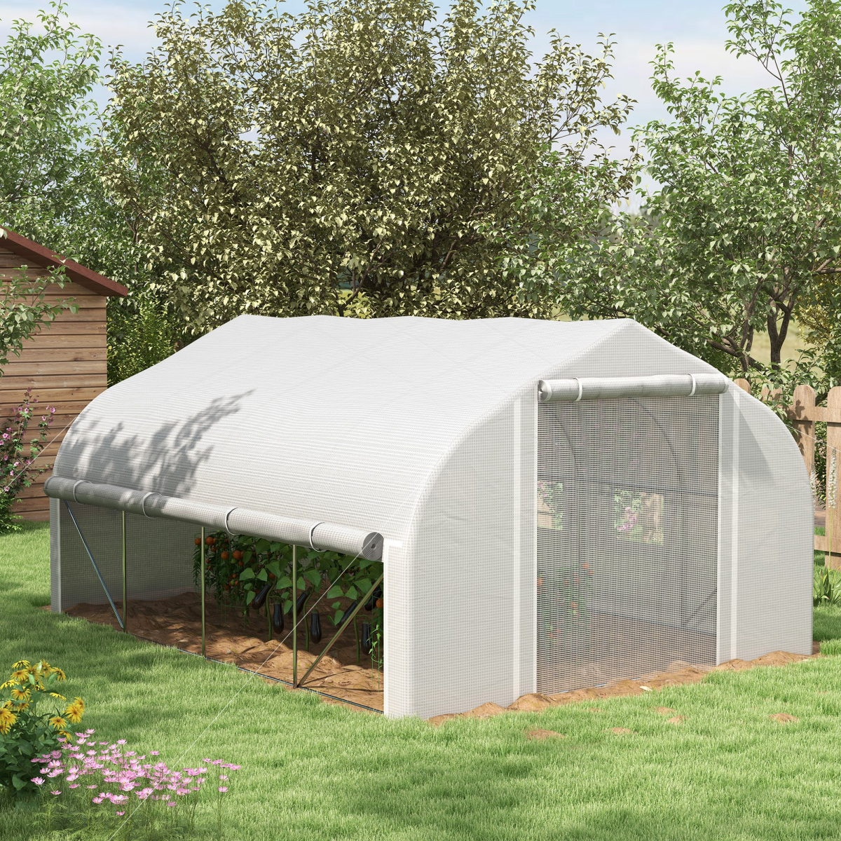 4x3m Polytunnel Greenhouse White Galvanized Steel Roll-Up Sidewalls Door & Labels - Image 2