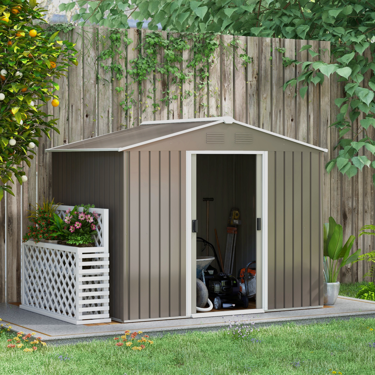 Outsunny 8 x 6ft Garden Storage Shed w/ Double Sliding Door Outdoor Light Grey - Image 2