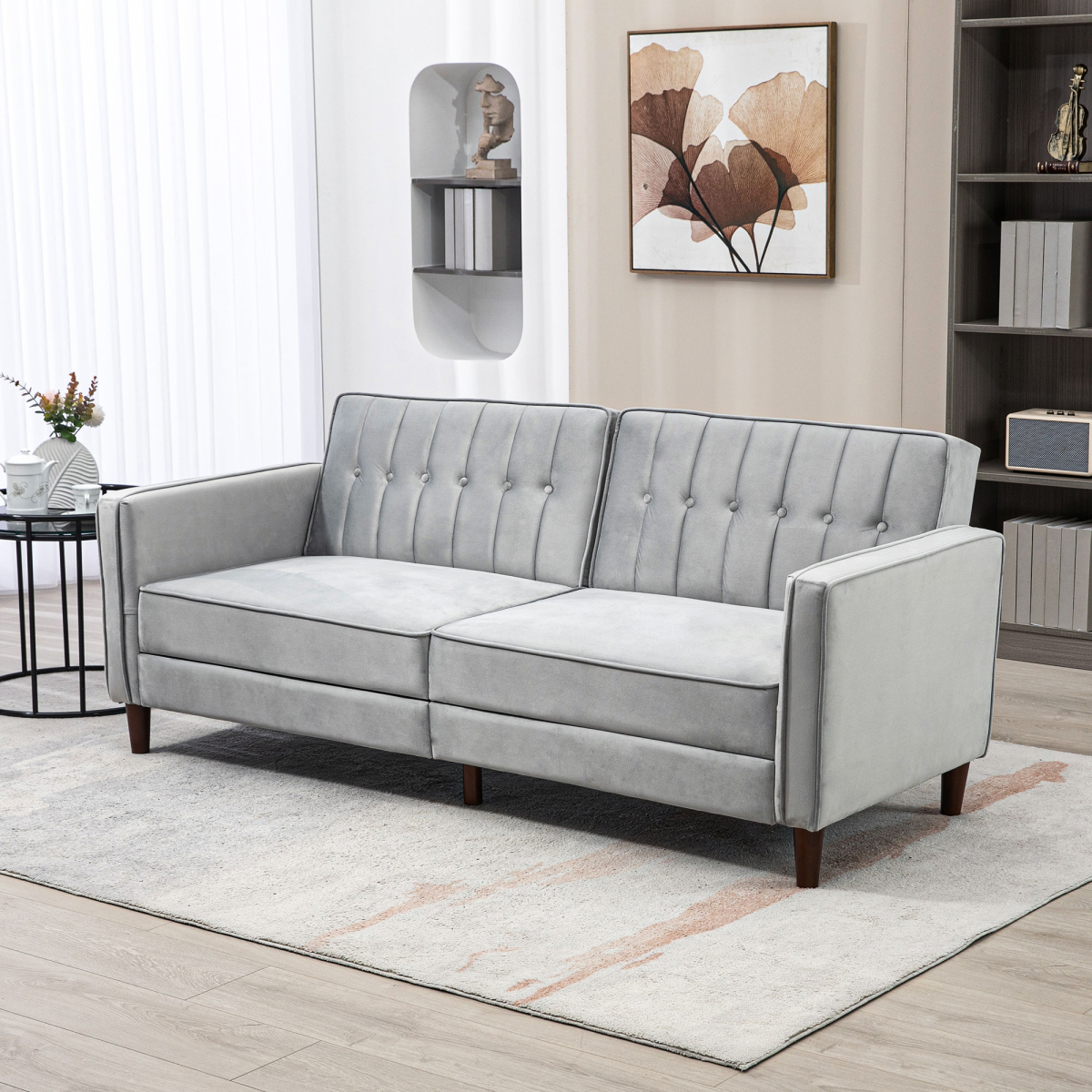 HOMCOM Convertible Sofa Futon Velvet-Touch Tufted Couch Sofa Bed Split Back Grey - Image 2