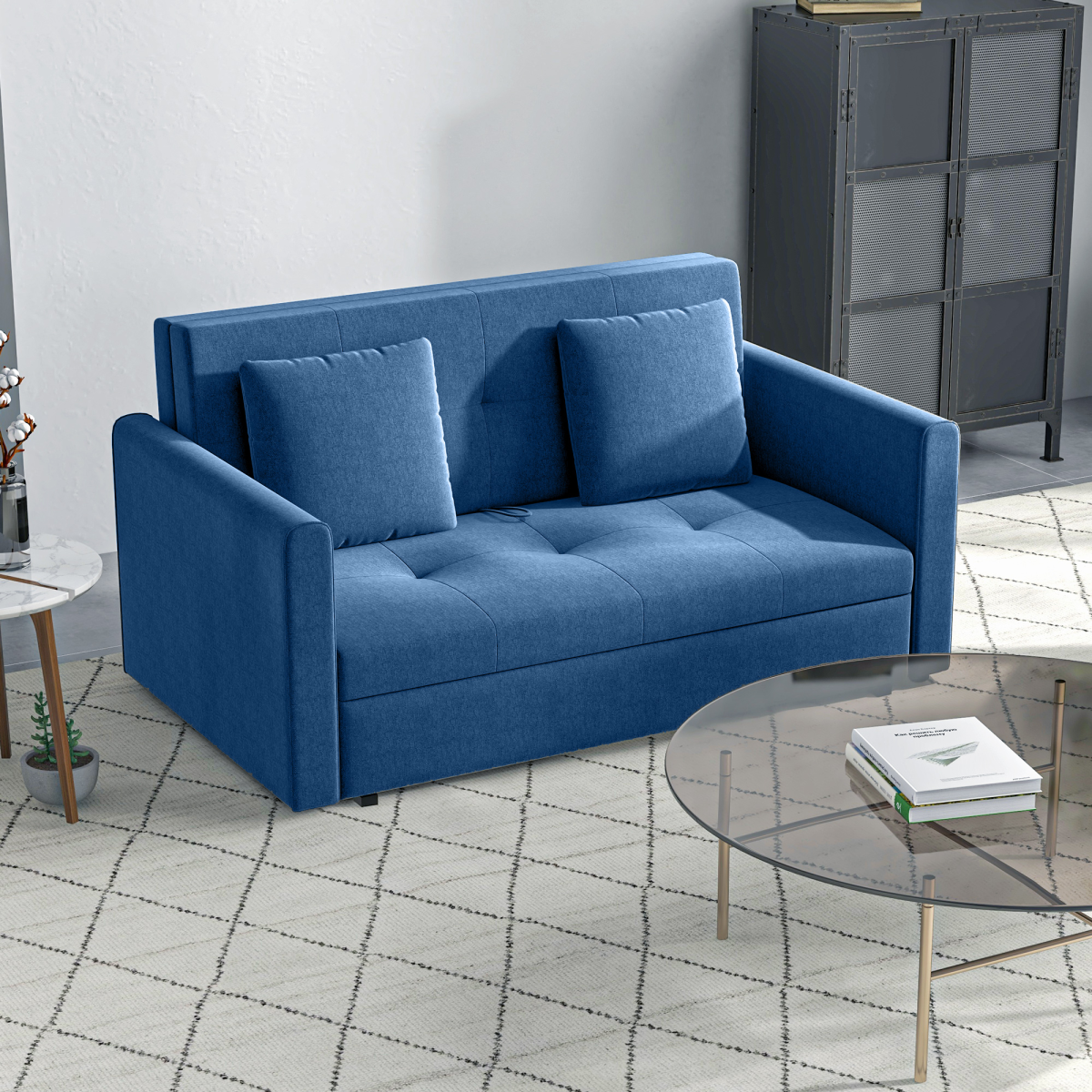HOMCOM 2 Seater Sofa Bed Convertible Bed Settee w/ 2 Cushions Storage Blue - Image 2