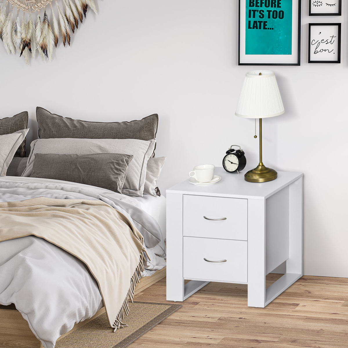White Particle Board 2-Drawer Bedside Table with Silver Handles - Image 2