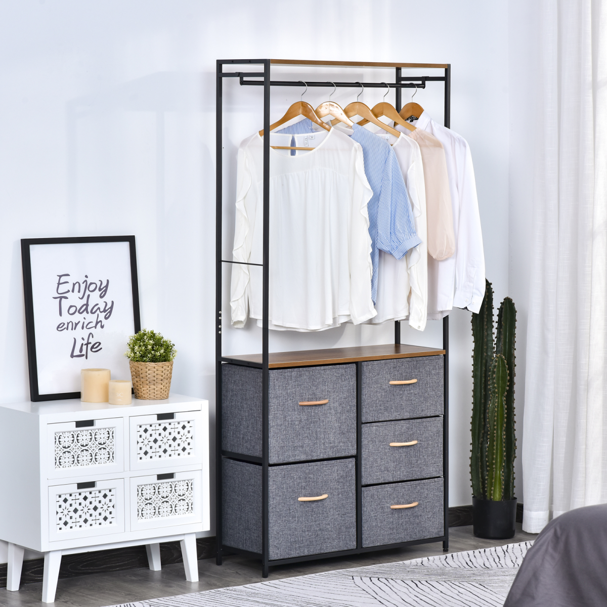 175x83cm Freestanding Steel Coat Rack with Drawers & Oak Shelf - Image 2