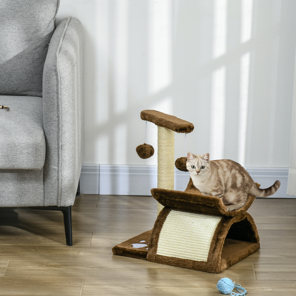 Cat Tree Plush Scratcher Kitty Activity Play Center Top Bar Tunnel Dangling Ball - Image 2