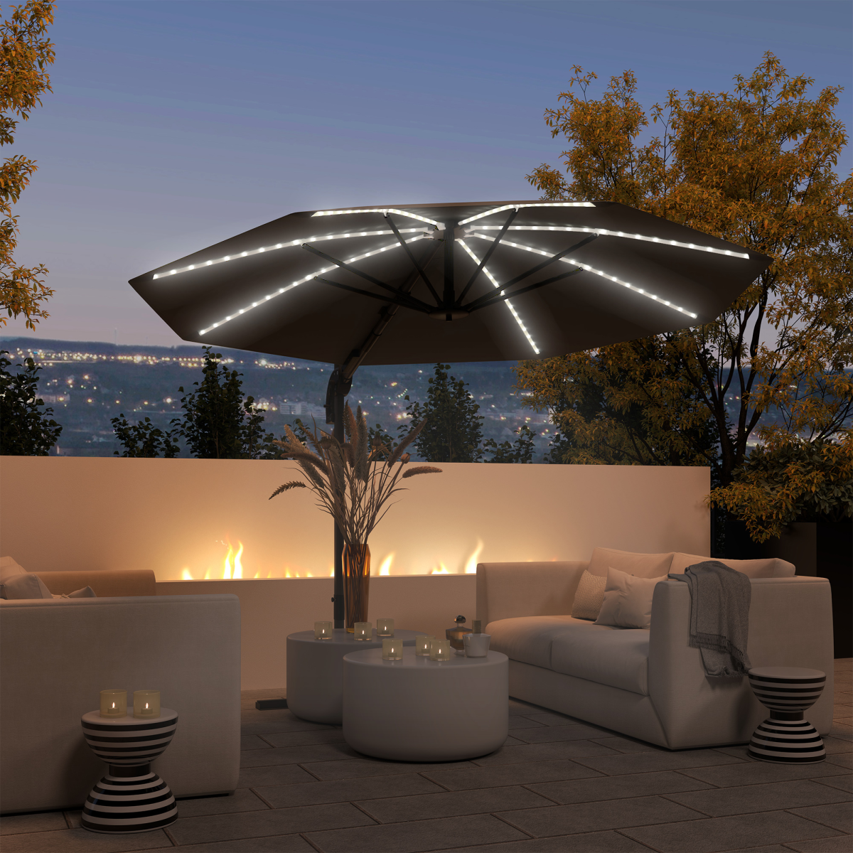 Outsunny 3(m) Garden Parasol w/ Lights, Crank Handle & Cross Base - Image 2