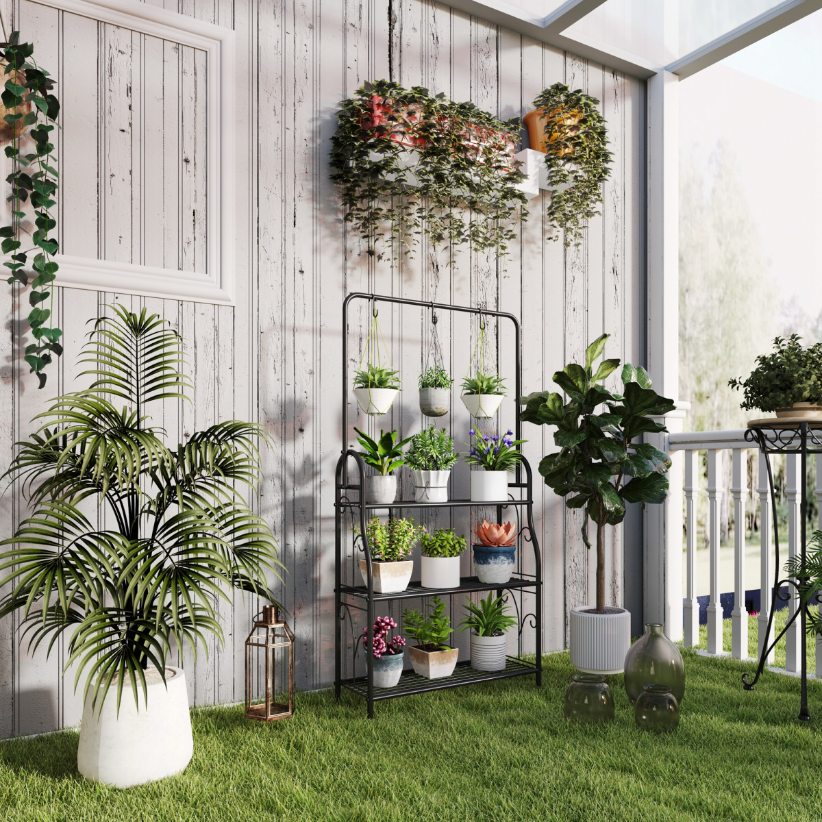 Outsunny 3-Tier Metal Plant Stand w/ Hanging Hooks, Outdoor Balcony, Black - Image 2