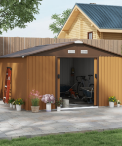 13 x 11ft Metal Garden Shed with Vents, Foundation Kit & Double Doors, Light Brown