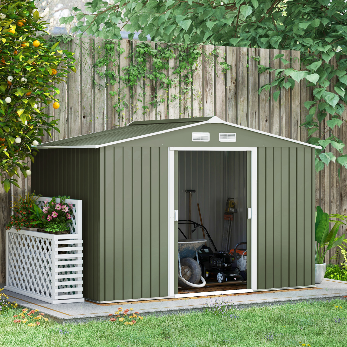 9x6FT Green Metal Storage Shed w/ Foundation, Vent & Sliding Double Doors - Image 2